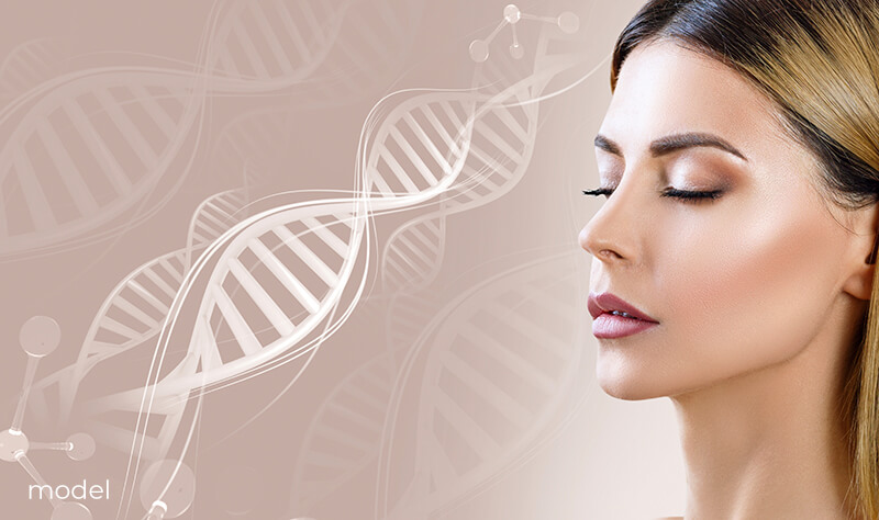 Young woman with her eyes closed in front of a DNA structure.